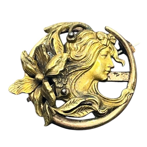 Art Nouveau PSCO antique gold tone Lady flowing hair flower brooch pin c clasp - Picture 1 of 16